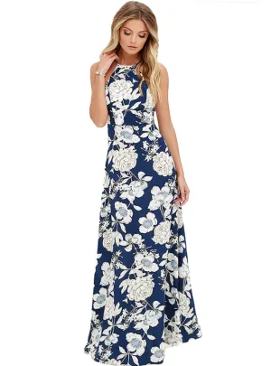 BerryBetty - Halter Neck Floral Print Sleeveless Summer Dress