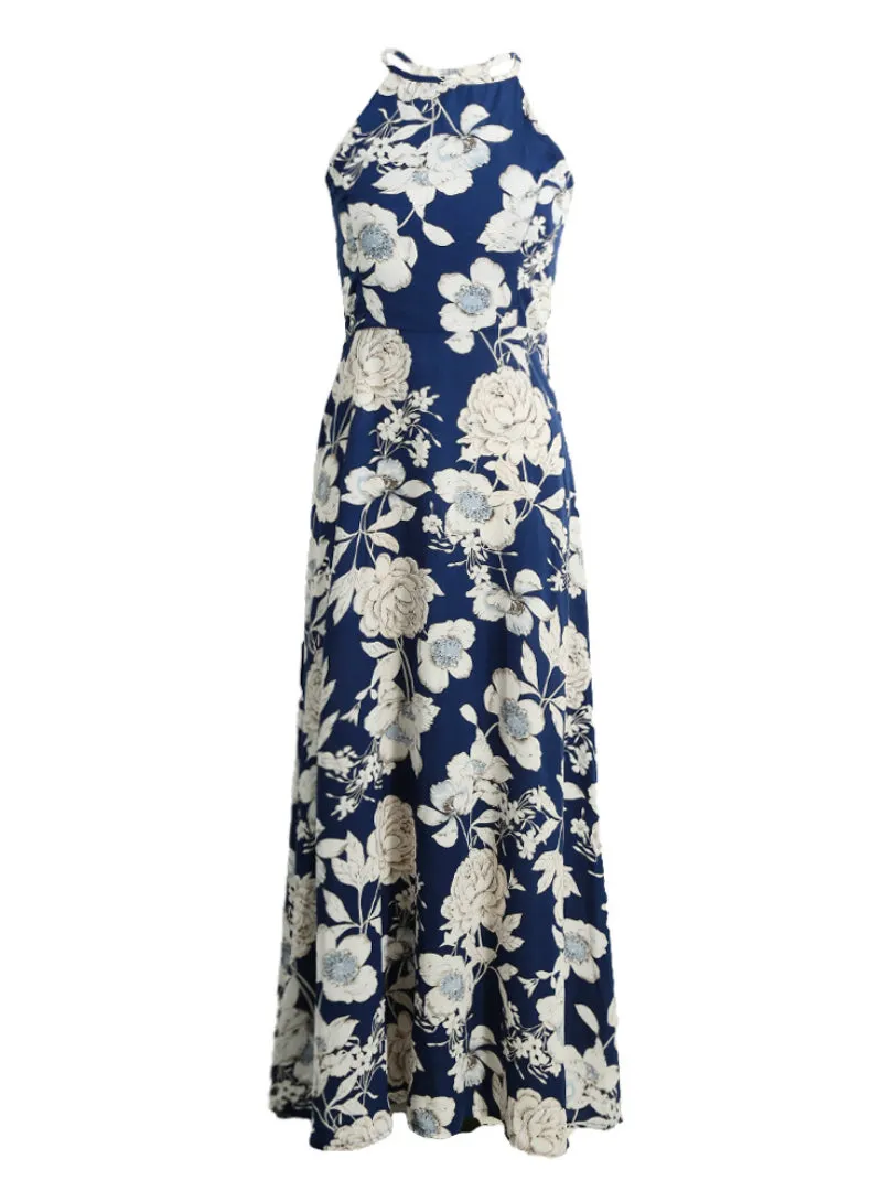 BerryBetty - Halter Neck Floral Print Sleeveless Summer Dress
