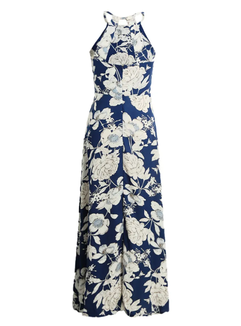 BerryBetty - Halter Neck Floral Print Sleeveless Summer Dress