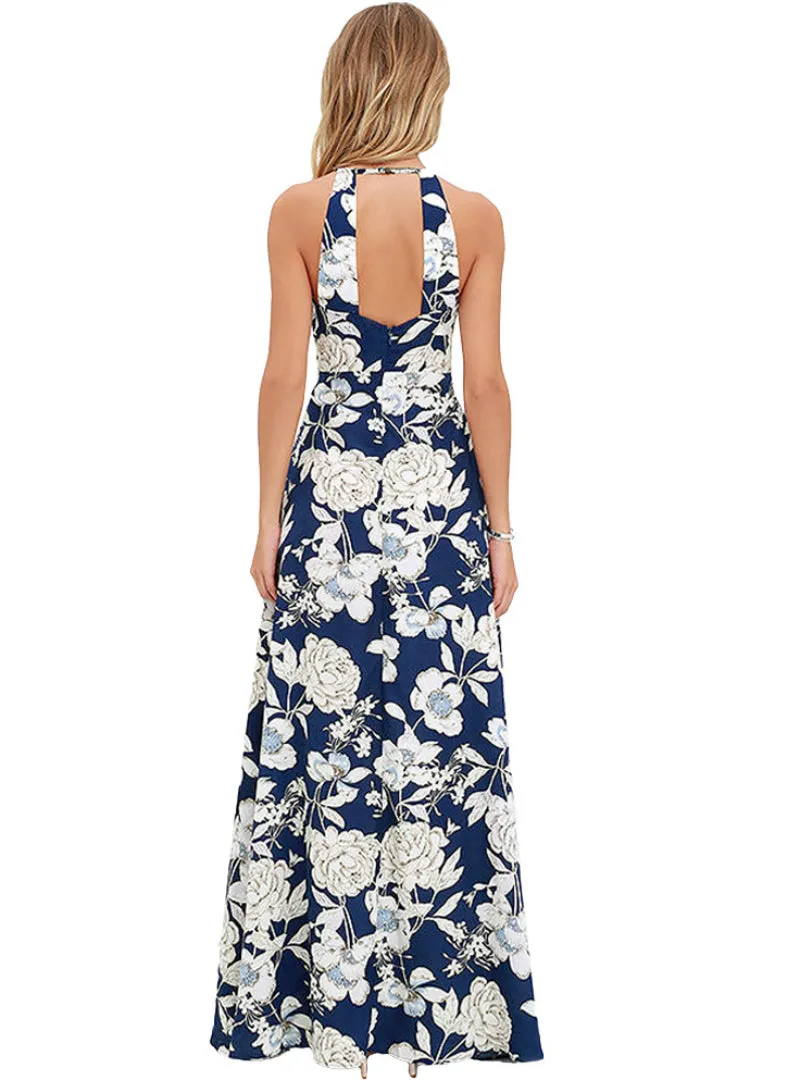 BerryBetty - Halter Neck Floral Print Sleeveless Summer Dress