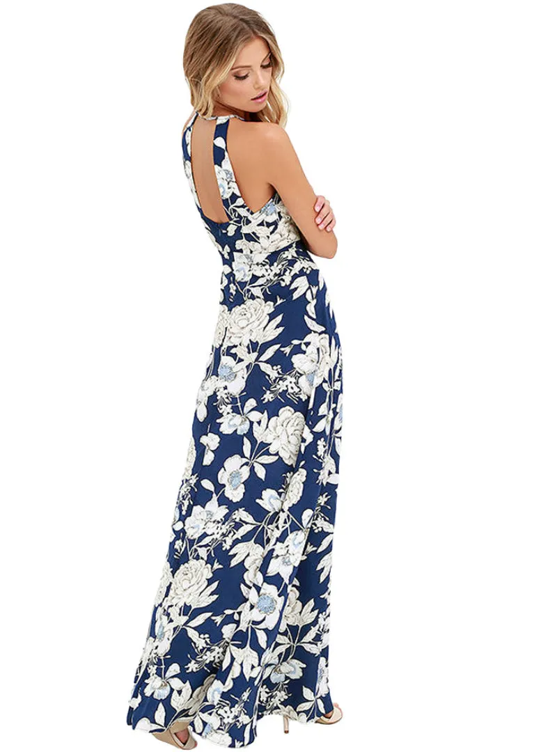 BerryBetty - Halter Neck Floral Print Sleeveless Summer Dress