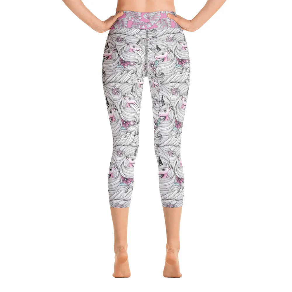 Black and White Unicorns with Pink - Yoga Capri Leggings