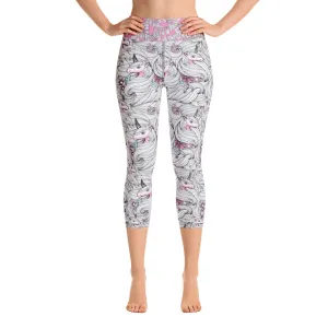 Black and White Unicorns with Pink - Yoga Capri Leggings