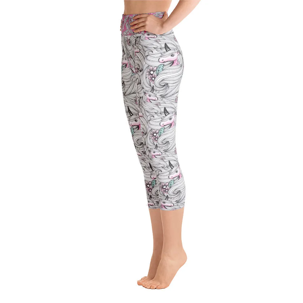 Black and White Unicorns with Pink - Yoga Capri Leggings