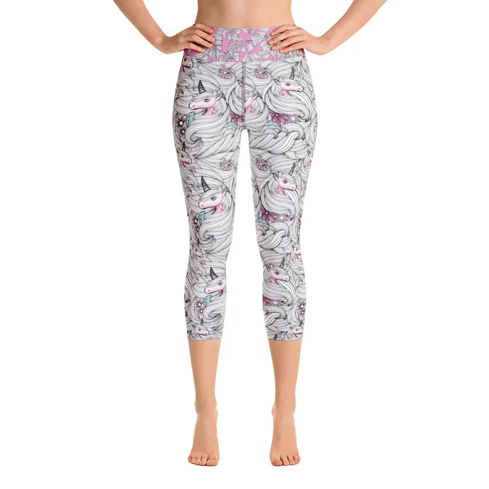 Black and White Unicorns with Pink - Yoga Capri Leggings