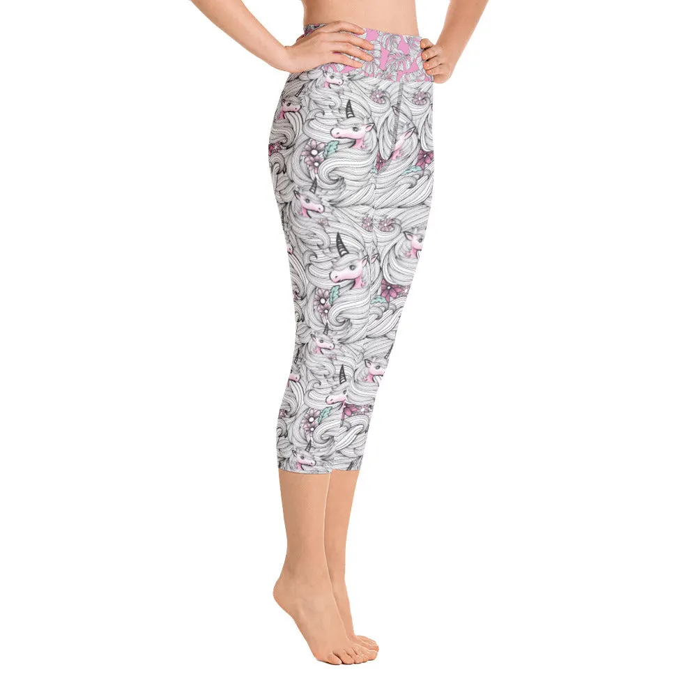 Black and White Unicorns with Pink - Yoga Capri Leggings
