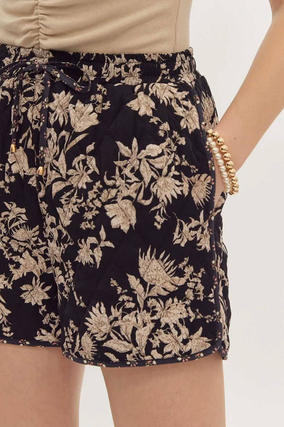 Black Quilted Floral Shorts