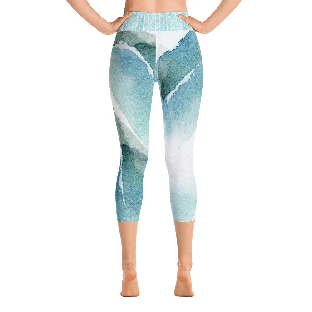 Blue and Green Watercolor Brush Strokes - Yoga Capri Leggings