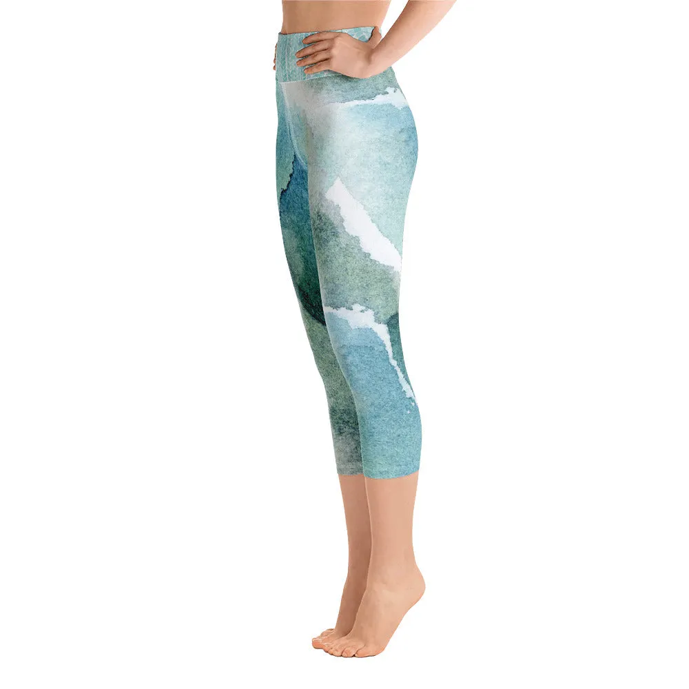 Blue and Green Watercolor Brush Strokes - Yoga Capri Leggings