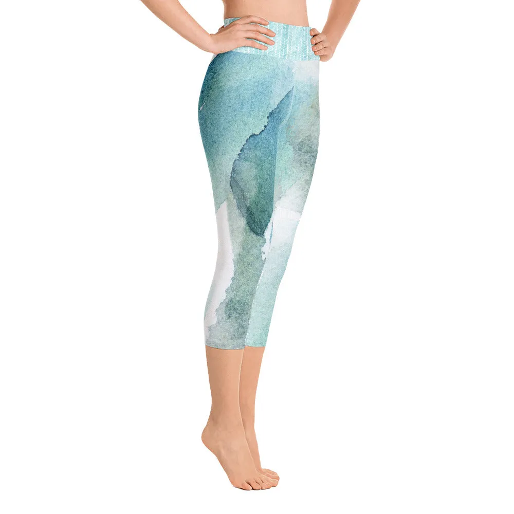 Blue and Green Watercolor Brush Strokes - Yoga Capri Leggings