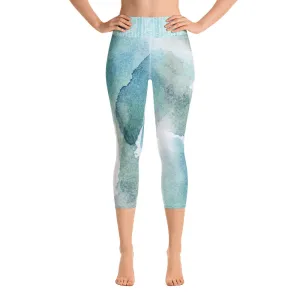 Blue and Green Watercolor Brush Strokes - Yoga Capri Leggings