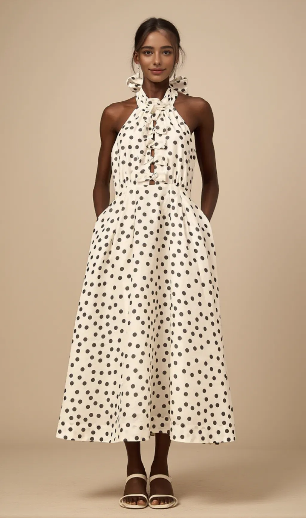 Bow Polka Dot Halter Neck Midi Dress in white