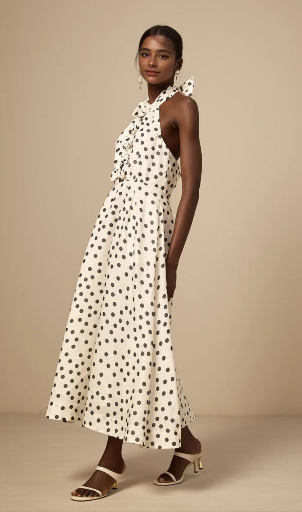 Bow Polka Dot Halter Neck Midi Dress in white