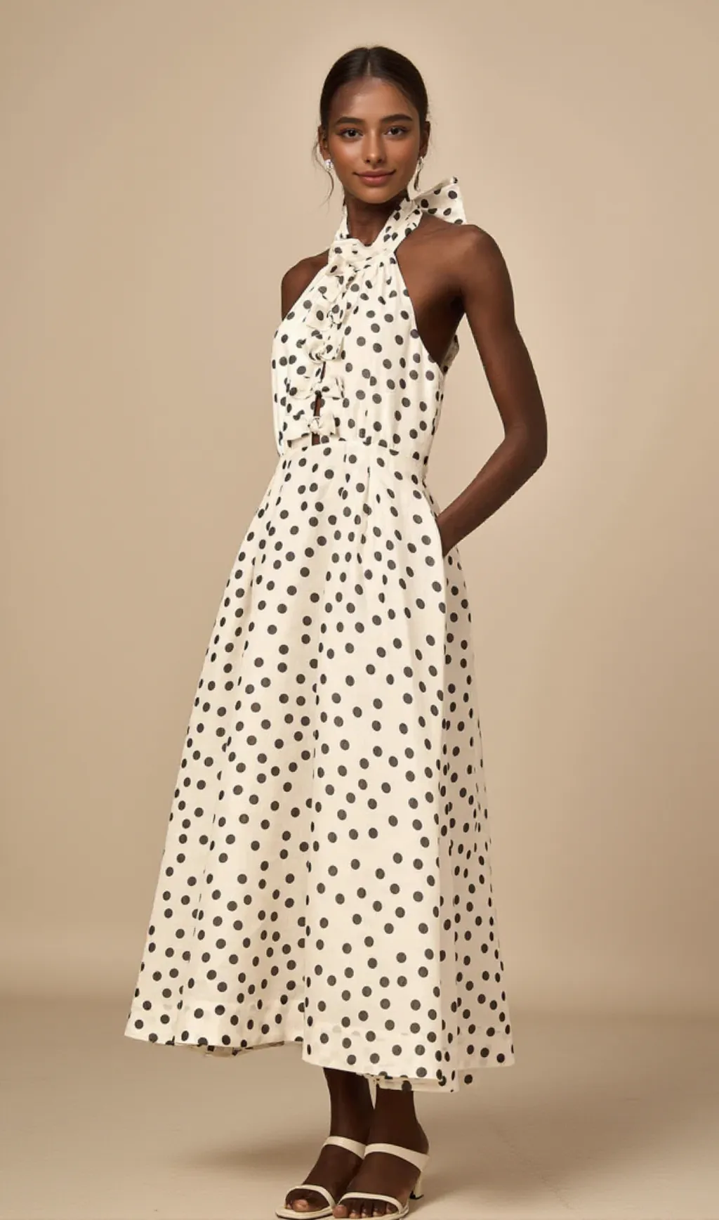 Bow Polka Dot Halter Neck Midi Dress in white