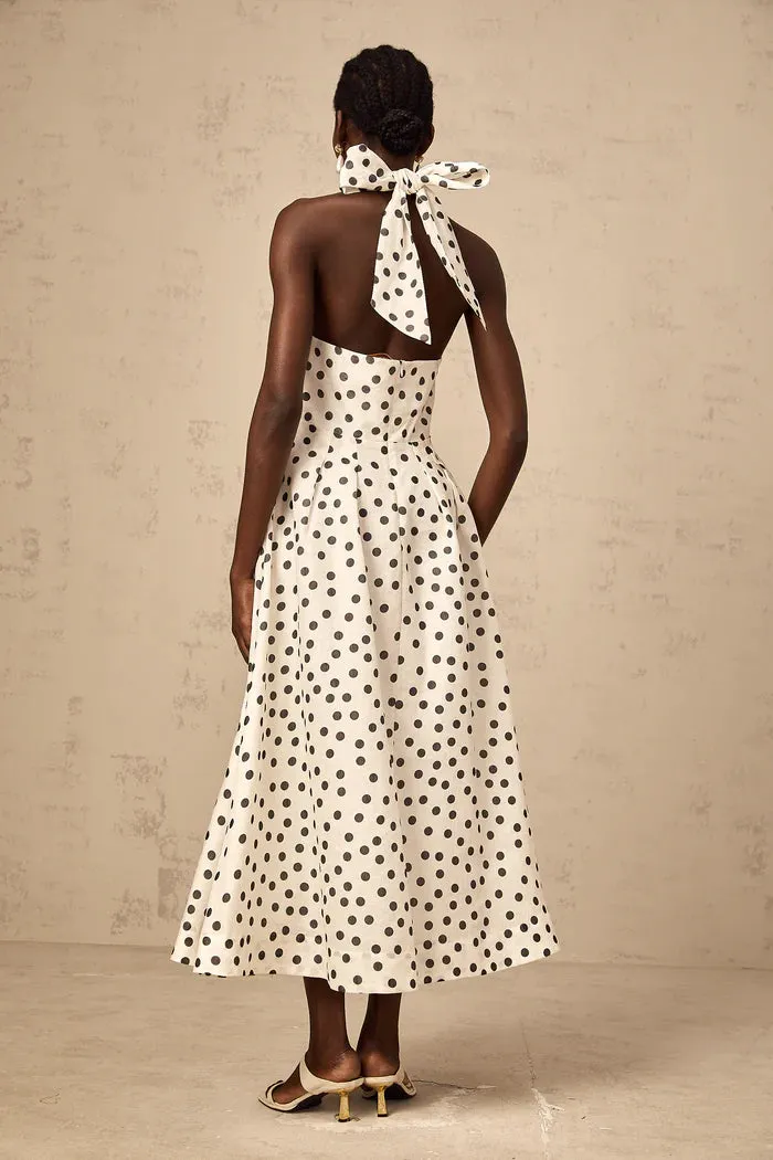 Bow Polka Dot Halter Neck Midi Dress in white