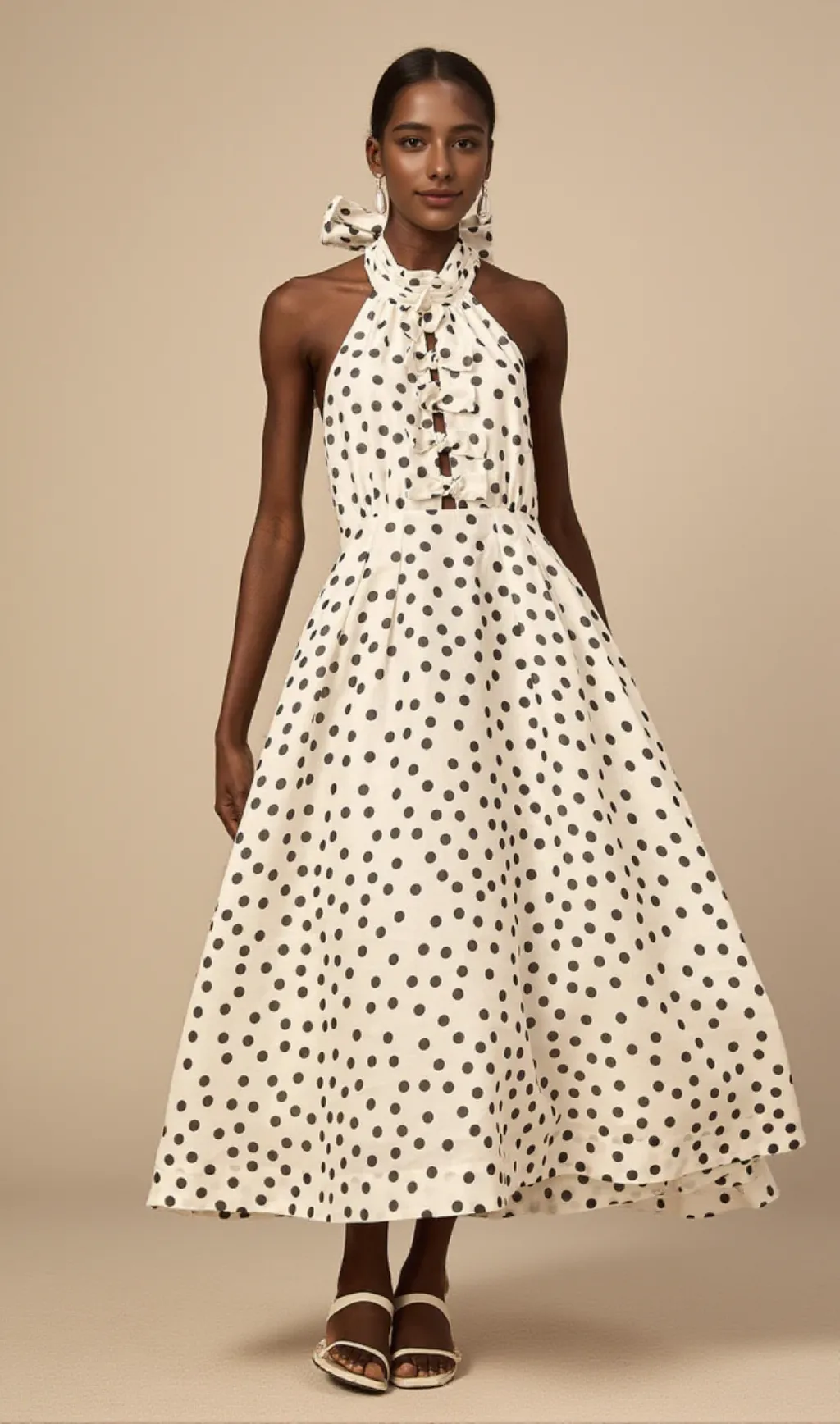 Bow Polka Dot Halter Neck Midi Dress in white
