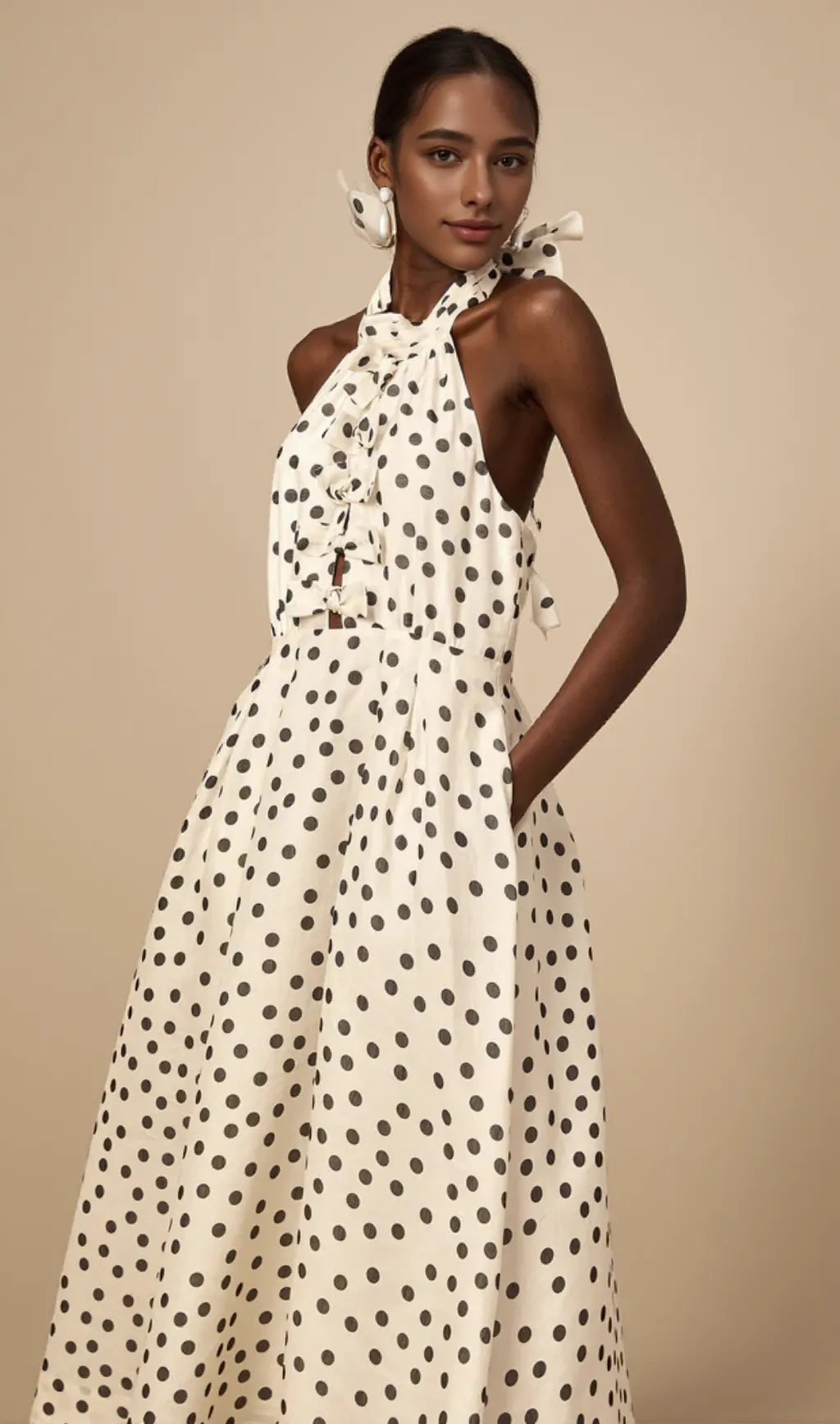 Bow Polka Dot Halter Neck Midi Dress in white