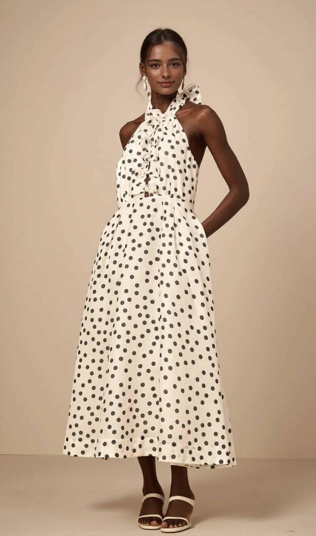 Bow Polka Dot Halter Neck Midi Dress in white