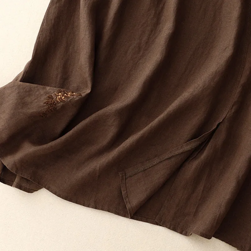 Buddha Stones Vintage Solid Embroidery Drawstring Cotton Linen Women's Skirt With Pockets