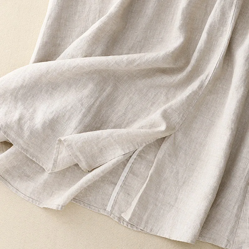 Buddha Stones Vintage Solid Embroidery Drawstring Cotton Linen Women's Skirt With Pockets