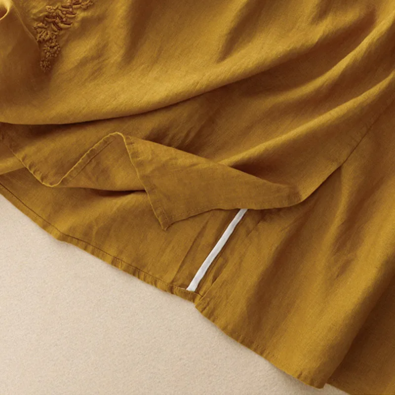 Buddha Stones Vintage Solid Embroidery Drawstring Cotton Linen Women's Skirt With Pockets