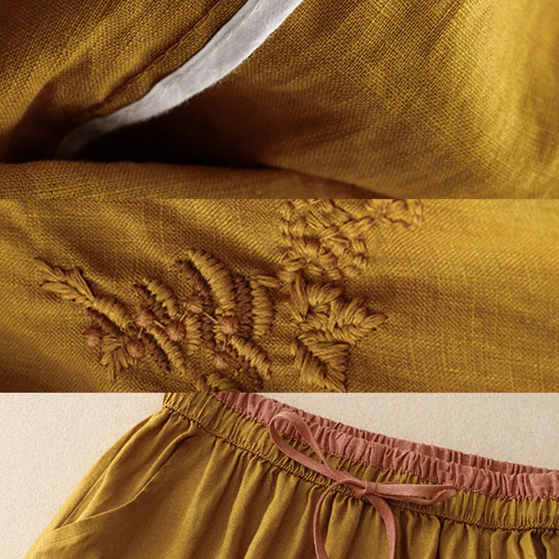 Buddha Stones Vintage Solid Embroidery Drawstring Cotton Linen Women's Skirt With Pockets
