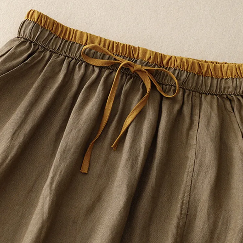 Buddha Stones Vintage Solid Embroidery Drawstring Cotton Linen Women's Skirt With Pockets