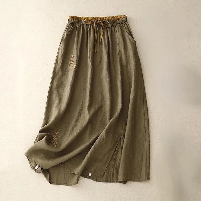 Buddha Stones Vintage Solid Embroidery Drawstring Cotton Linen Women's Skirt With Pockets