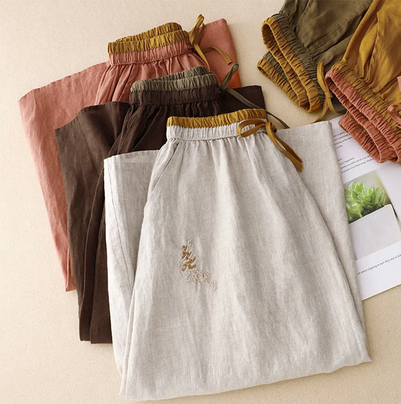 Buddha Stones Vintage Solid Embroidery Drawstring Cotton Linen Women's Skirt With Pockets