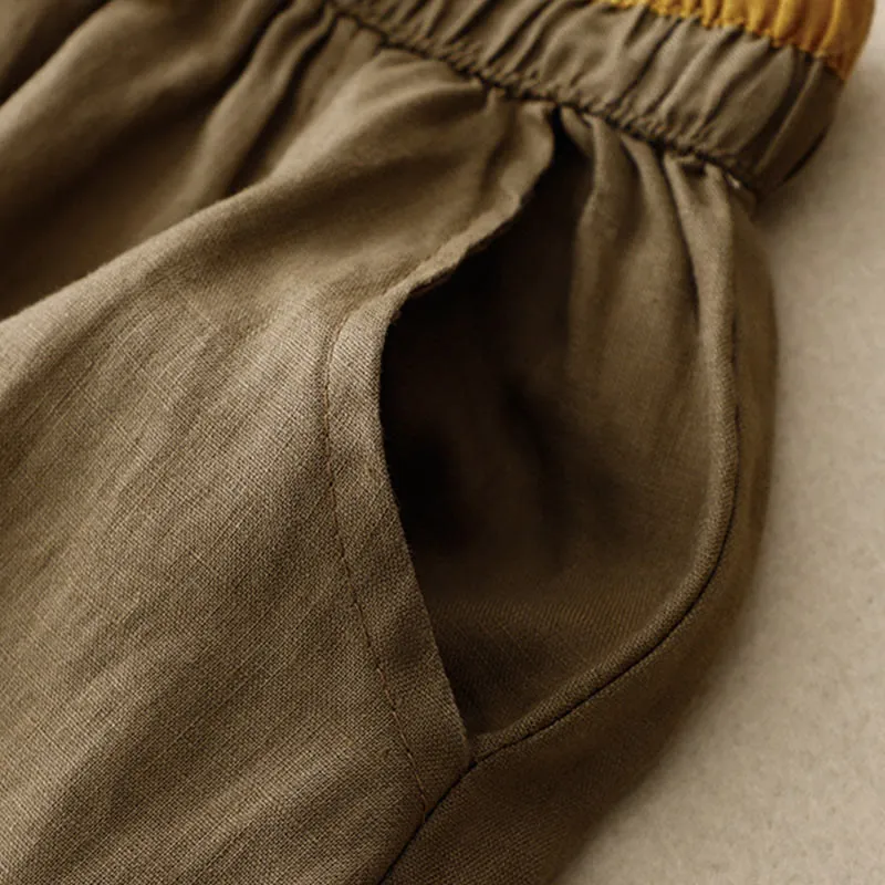 Buddha Stones Vintage Solid Embroidery Drawstring Cotton Linen Women's Skirt With Pockets