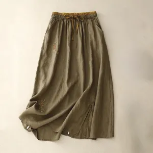Buddha Stones Vintage Solid Embroidery Drawstring Cotton Linen Women's Skirt With Pockets