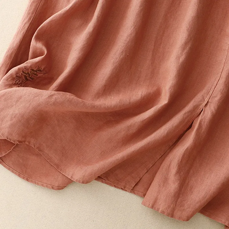 Buddha Stones Vintage Solid Embroidery Drawstring Cotton Linen Women's Skirt With Pockets