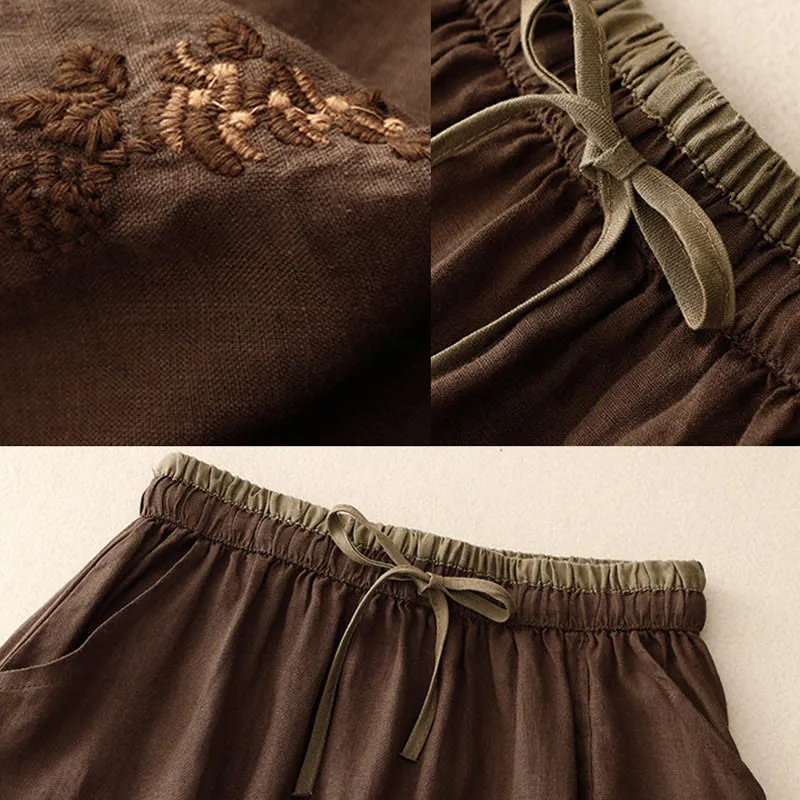 Buddha Stones Vintage Solid Embroidery Drawstring Cotton Linen Women's Skirt With Pockets