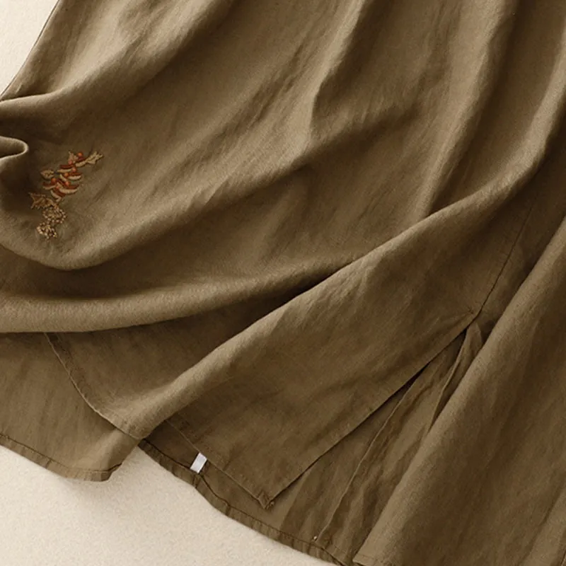 Buddha Stones Vintage Solid Embroidery Drawstring Cotton Linen Women's Skirt With Pockets