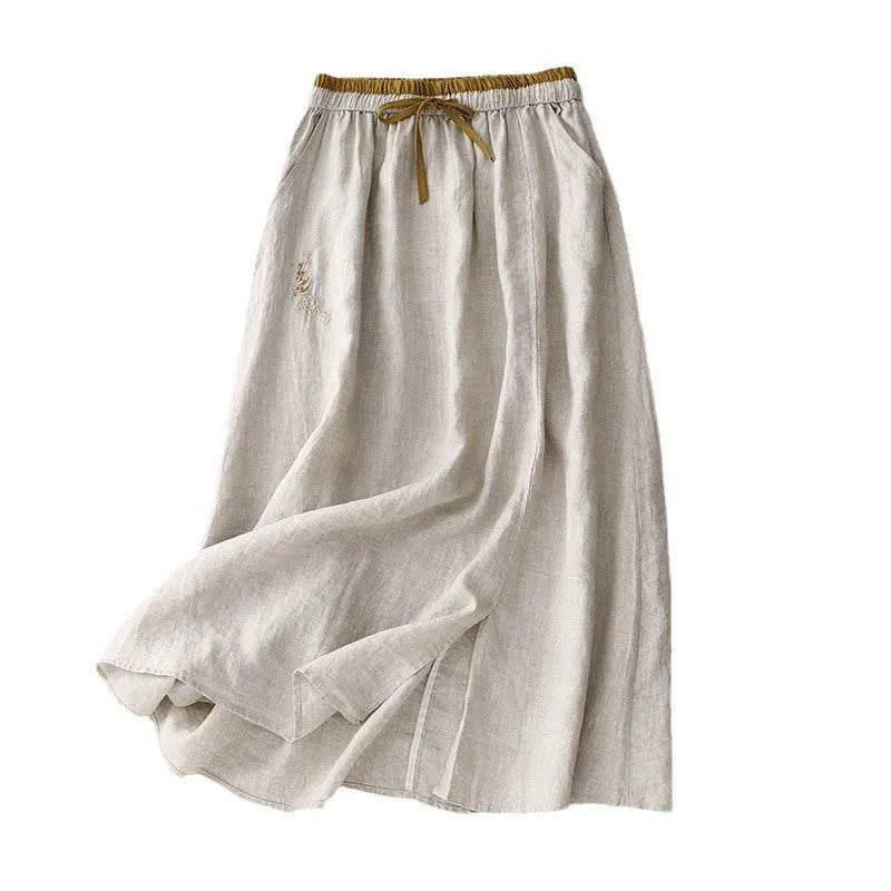 Buddha Stones Vintage Solid Embroidery Drawstring Cotton Linen Women's Skirt With Pockets
