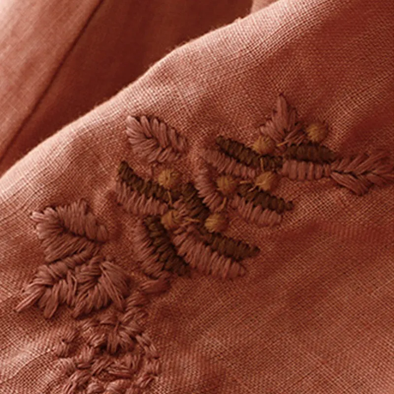 Buddha Stones Vintage Solid Embroidery Drawstring Cotton Linen Women's Skirt With Pockets