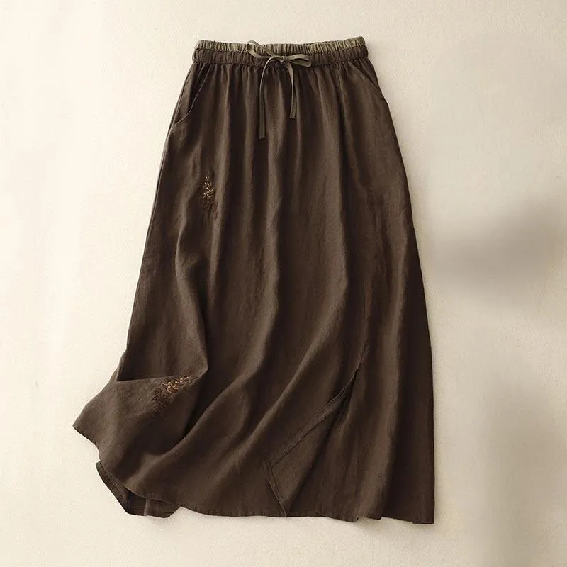 Buddha Stones Vintage Solid Embroidery Drawstring Cotton Linen Women's Skirt With Pockets