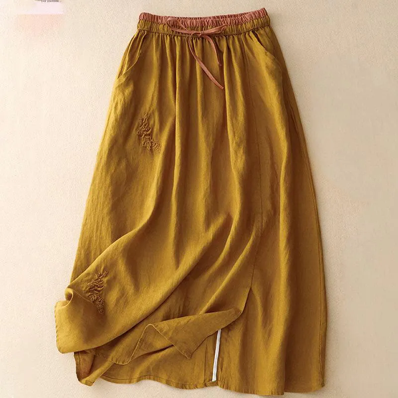 Buddha Stones Vintage Solid Embroidery Drawstring Cotton Linen Women's Skirt With Pockets