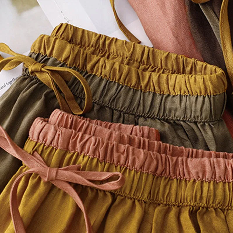 Buddha Stones Vintage Solid Embroidery Drawstring Cotton Linen Women's Skirt With Pockets