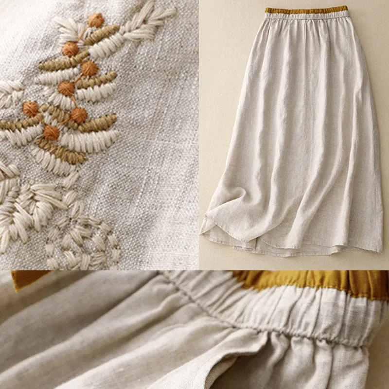Buddha Stones Vintage Solid Embroidery Drawstring Cotton Linen Women's Skirt With Pockets