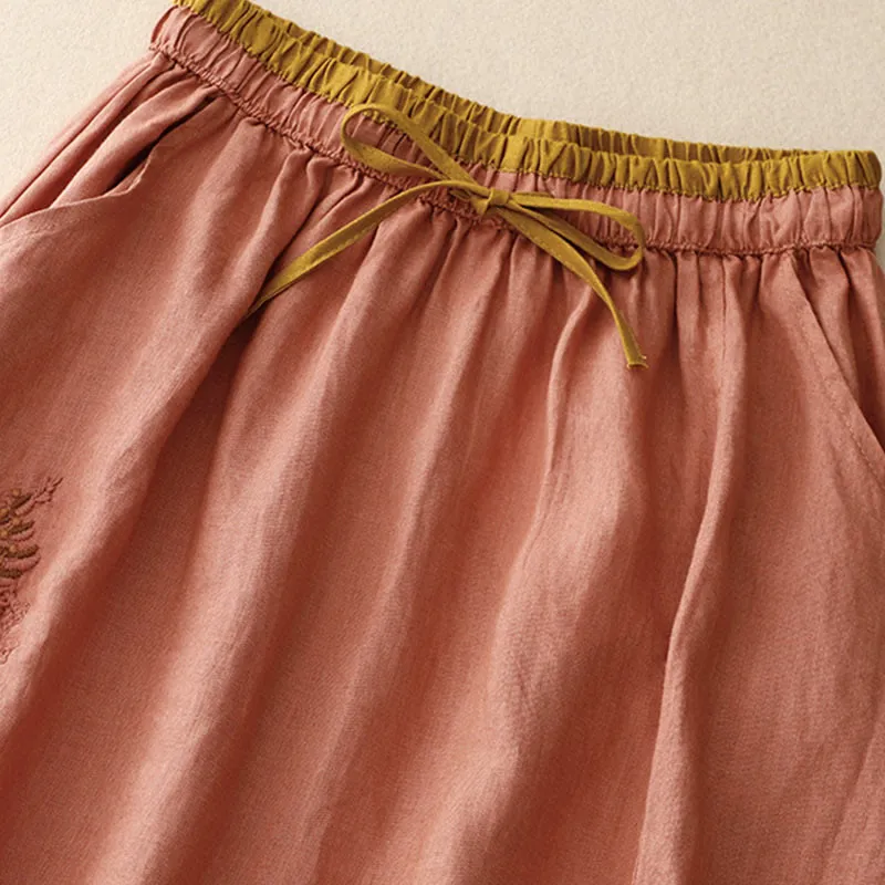 Buddha Stones Vintage Solid Embroidery Drawstring Cotton Linen Women's Skirt With Pockets