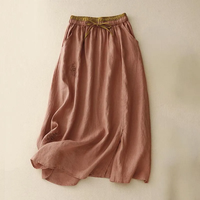 Buddha Stones Vintage Solid Embroidery Drawstring Cotton Linen Women's Skirt With Pockets