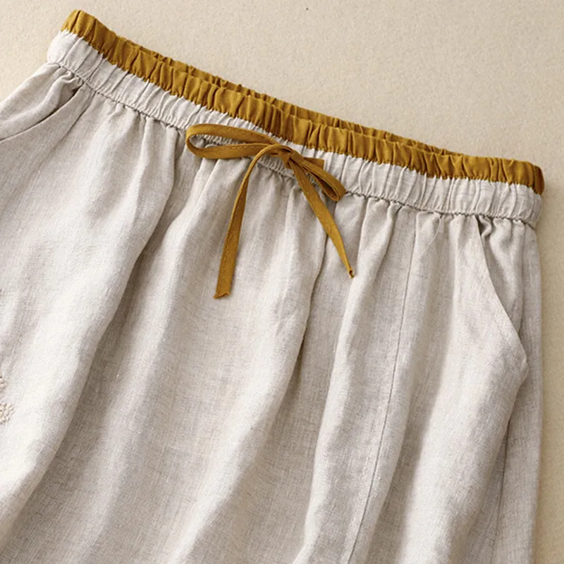 Buddha Stones Vintage Solid Embroidery Drawstring Cotton Linen Women's Skirt With Pockets