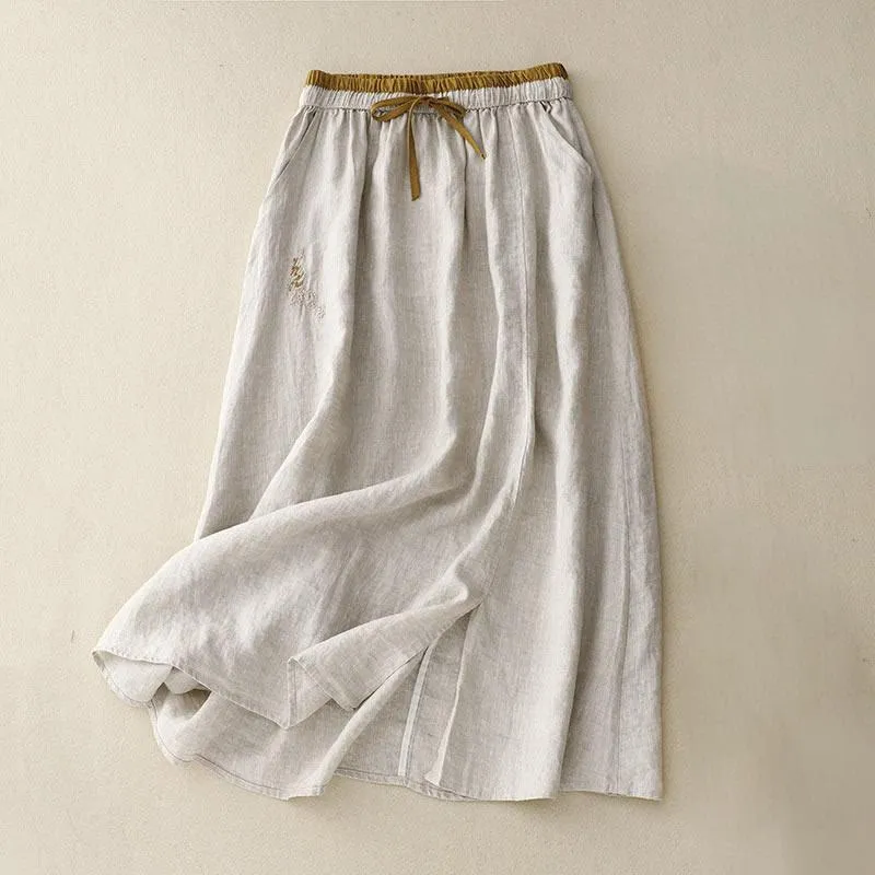 Buddha Stones Vintage Solid Embroidery Drawstring Cotton Linen Women's Skirt With Pockets