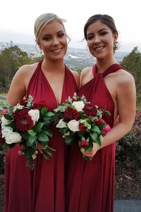 Burgundy Chiffon A-line Halter Neckline Floor-length Bridesmaid Dresses, MBD266