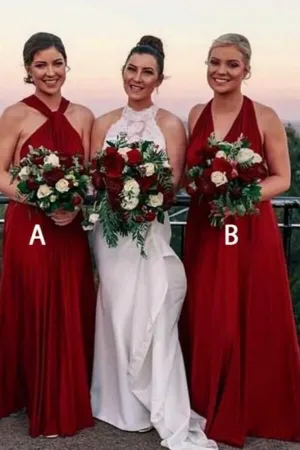 Burgundy Chiffon A-line Halter Neckline Floor-length Bridesmaid Dresses, MBD266