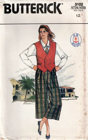 Butterick 3102 JG HOOK Womens Vest Blouse Culottes & Skirt 1980s Vintage Sewing Pattern Size 12 Bust 34 inches UNCUT Factory Folded
