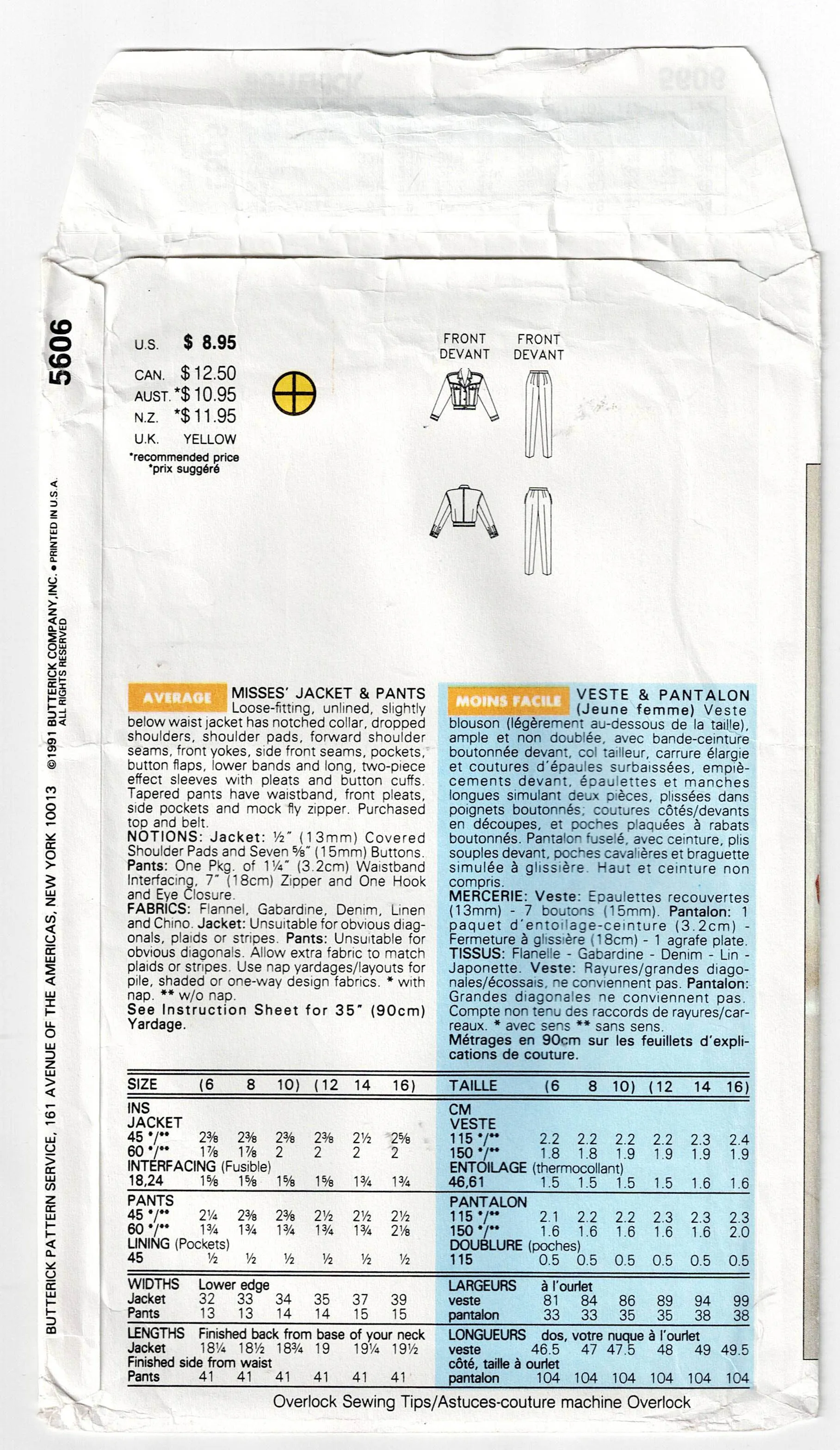 Butterick 3241 Mens Gangster Costume Jacket Vest & Pants Out Of Print Sewing Pattern Size XS - XL UNCUT Factory Folded