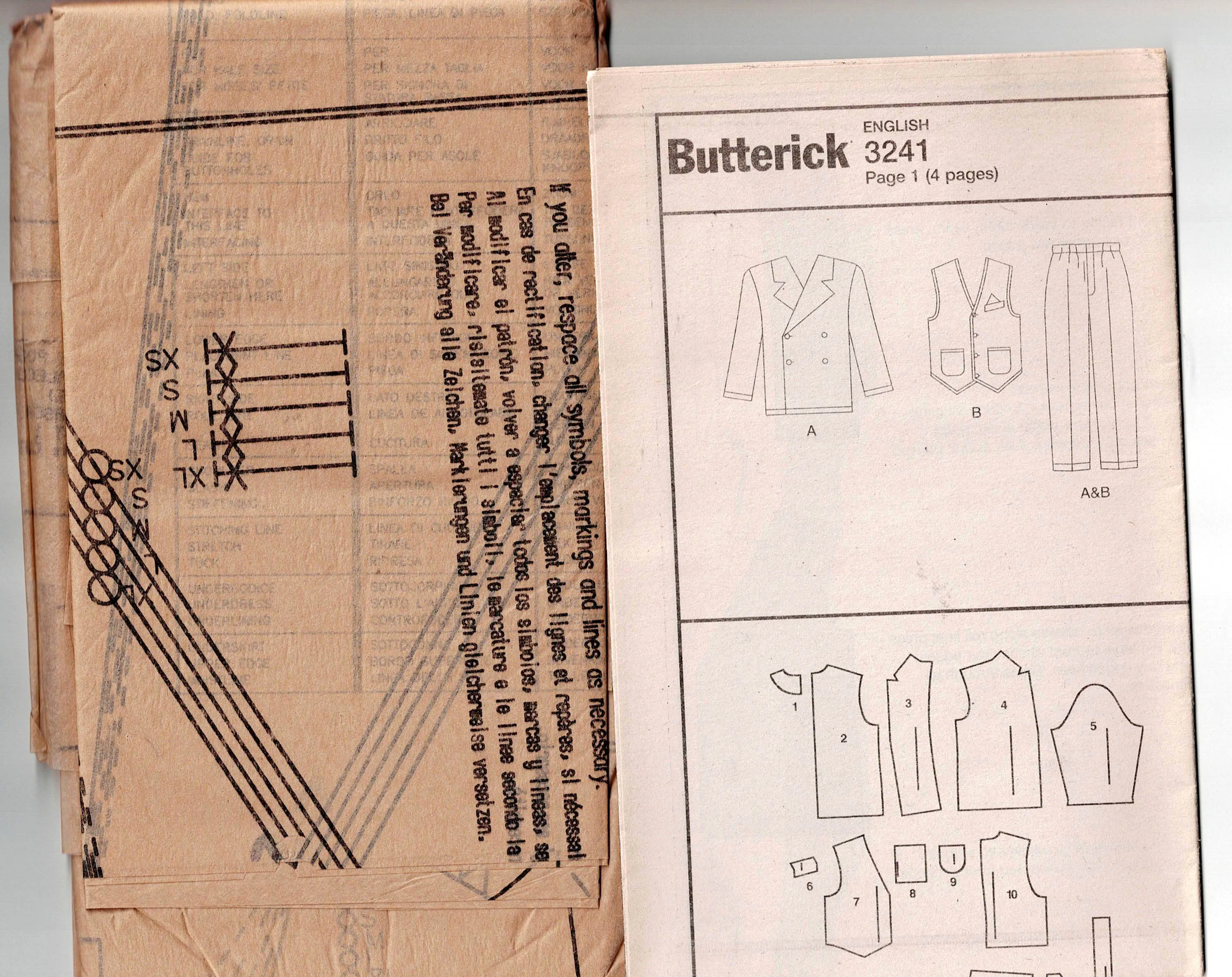 Butterick 3241 Mens Gangster Costume Jacket Vest & Pants Out Of Print Sewing Pattern Size XS - XL UNCUT Factory Folded