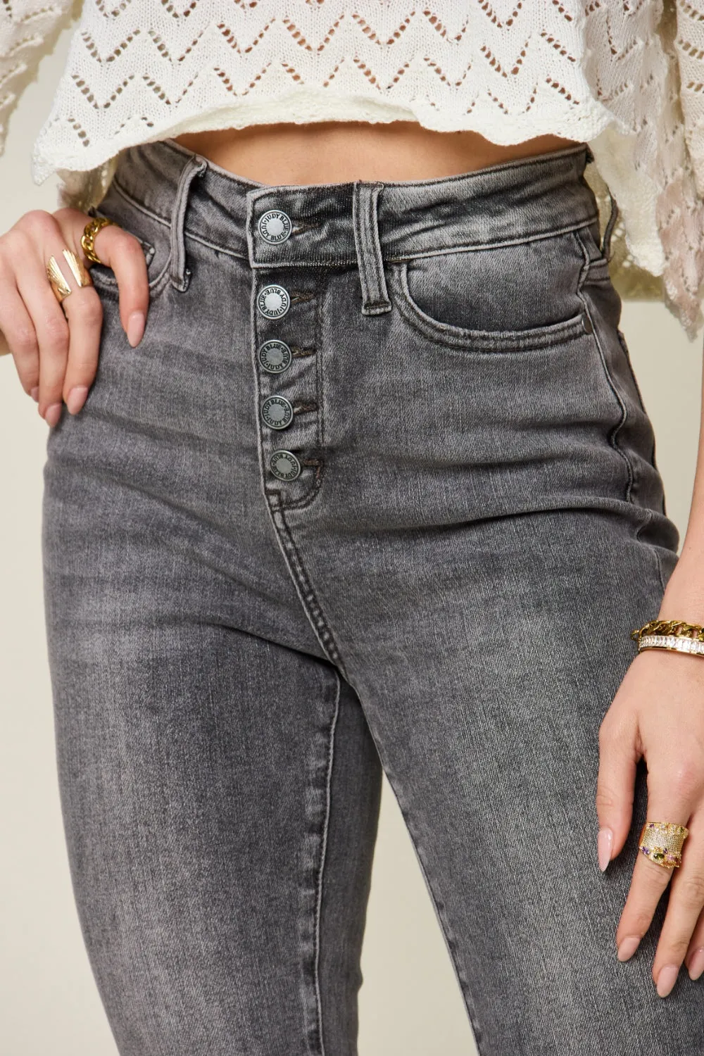 Button-Fly High Waist Cuffed Capris